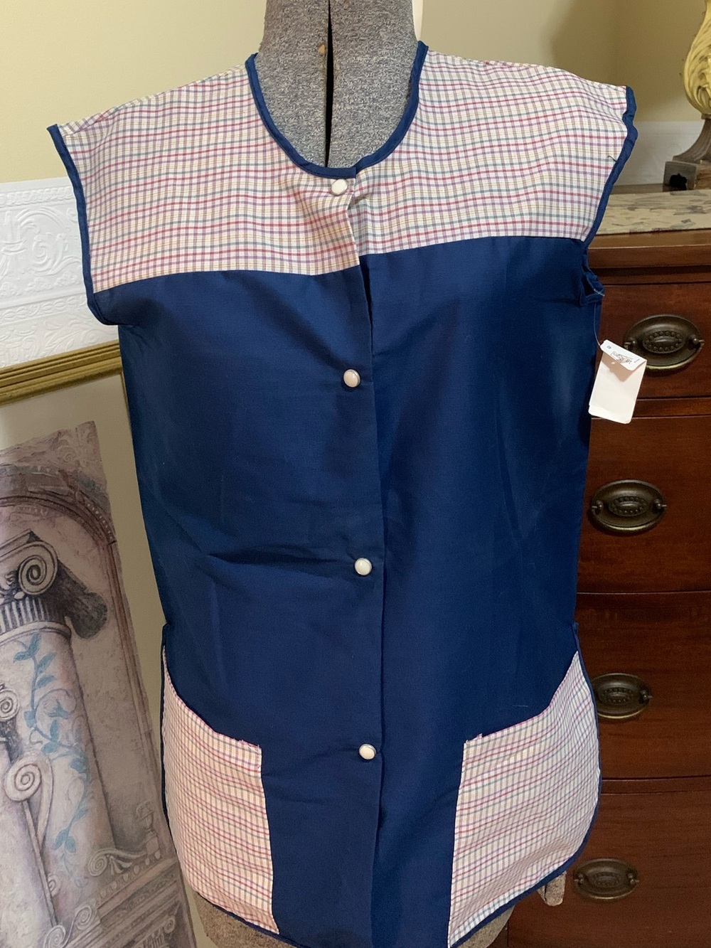 Vintage 60s House Coat Blouse Windowpane Print Blue Colorblock Snap Front NEW